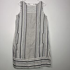 J Jill 100% Linen Sleeveless Mini Dress Gray Blue Striped Sz M Pocket Lounge